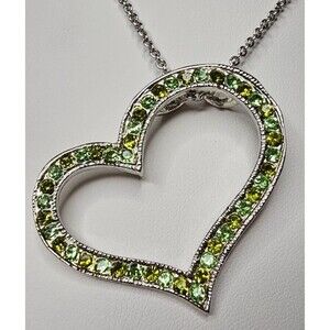 Two Tone Green Rhinestone Off Center Heart Pendant Necklace 18"L